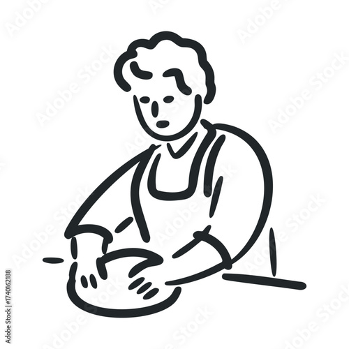 Asian female baker kneading dough line drawing with apron and curly hair