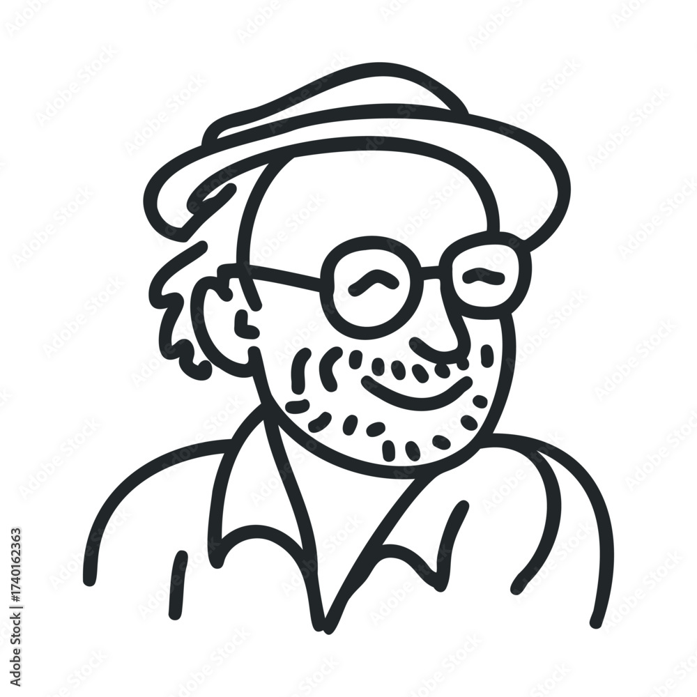 Fototapeta premium Male line art: caucasian mature man with beard, glasses, and hat smiling