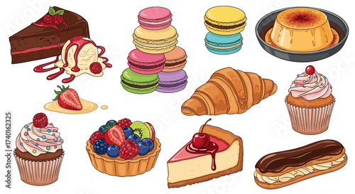 Sweet dessert pastry set with cake and macarons. SVG vector illustration isolated on transparent