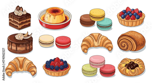 A collection of various French pastries and desserts in a detailed vector illustration style, svg.