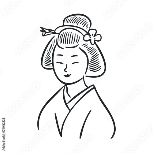 Black and white illustration of asian female wearing kimono with hair accessory