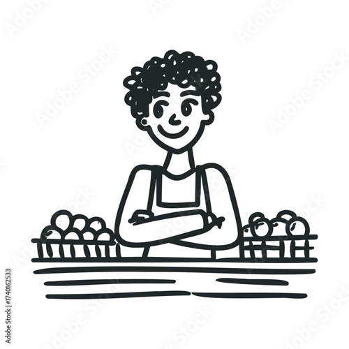 Cartoon grocer smiling behind produce stand with baskets of fruit