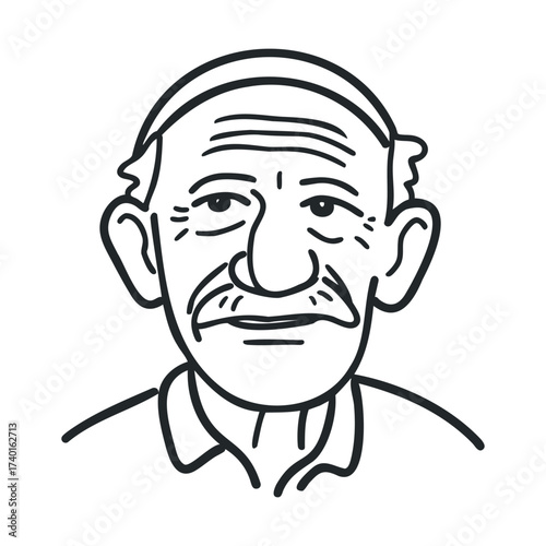 Line art of mature elderly male face with mustache