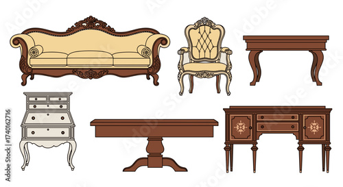 Ornate vintage furniture collection with classic sofa and chair, svg vector illustration set