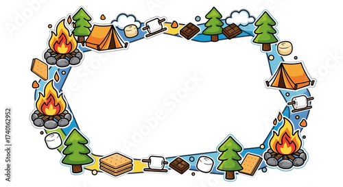 Camping themed decorative frame with cartoon campfires, tents, and s'mores vector illustration