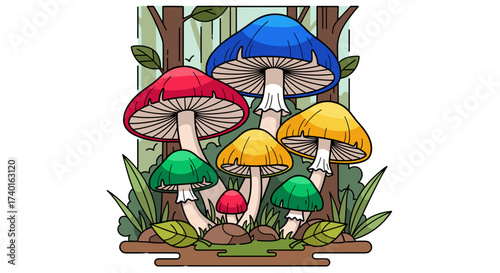 Vibrant colorful mushrooms growing naturally in a whimsical forest setting, svg vector illustration