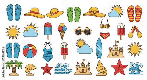 Summer beach vacation icon collection in a retro pixel art style. SVG vector illustration design