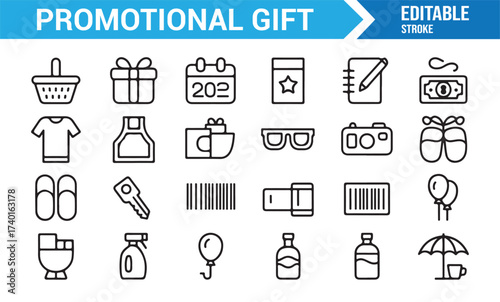 Clean linear vector icon set of promotional gifts and business giveaway objects