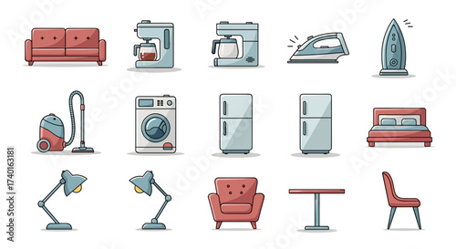 Modern home furniture appliance icons set vector illustration, isolated on transparent background SVG.