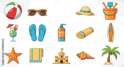 Vibrant summer beach vacation essentials vector illustration, svg isolated on transparent background.