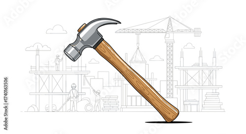 Essential claw hammer tool on a modern construction site with building development line art background.