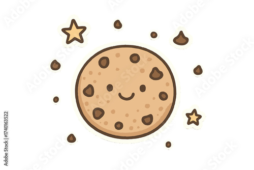 Smiling Cookie Stickers. Charming doodle stickers: smiling cookie, tiny chocolate chips and stars floating, simplified doodle