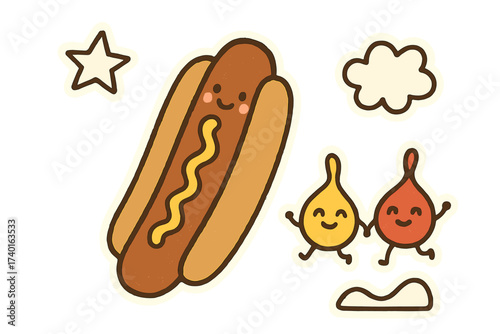 Cute Hot Dog Stickers. Lovely doodle stickers: happy hot dog, tiny mustard and ketchup drops jumping, simplified doodle shapes,