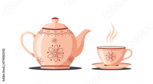 Decorative floral teapot and steaming teacup vector illustration svg isolated on transparent background.
