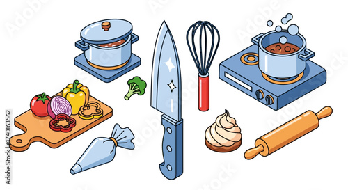 Isometric kitchen cooking tools and food prep SVG vector illustration isolated on transparent background.