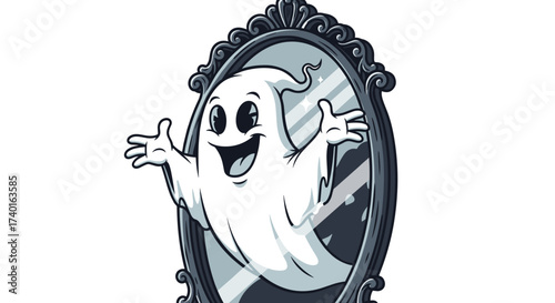 Happy cartoon ghost character reflection in ornate mirror. SVG vector illustration isolated on transparent background.