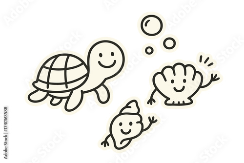 Smiling Turtle Stickers. Funny doodle stickers: smiling turtle, tiny bubbles and shells waving, simplified doodle style, white