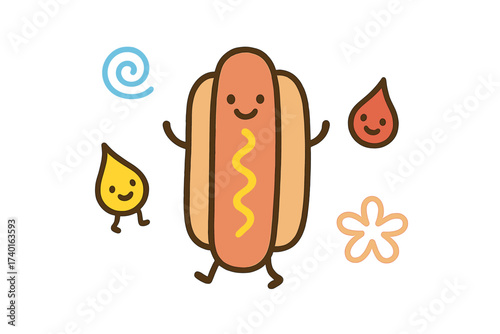 Cute Hot Dog Stickers. Lovely doodle stickers: happy hot dog, tiny mustard and ketchup drops jumping, simplified doodle shapes,