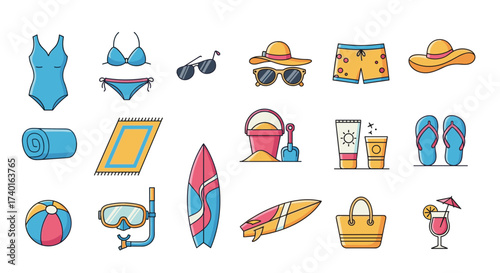 Vibrant summer beach items collection vector illustration set for vacation, travel, and leisure designs.
