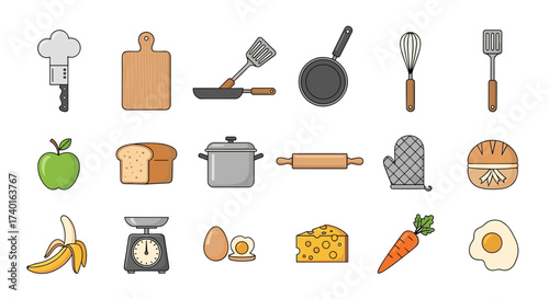 A diverse collection of cooking food ingredients and kitchen utensils for healthy meal preparation vector svg illustration