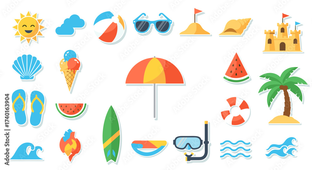 Fototapeta premium Summer beach vacation pixel art icon collection, svg vector illustration isolated on transparent background