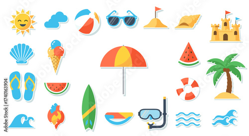 Summer beach vacation pixel art icon collection, svg vector illustration isolated on transparent background