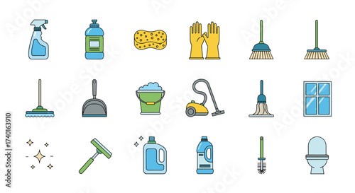 Flat design cleaning tools and household supplies icons, vector illustration, transparent background, svg.