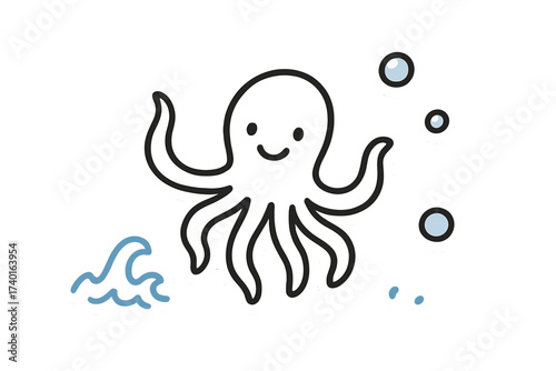 Happy Kraken Doodle. Charming doodle stickers: happy kraken, tiny waves and bubbles waving, simplified doodle shapes, white