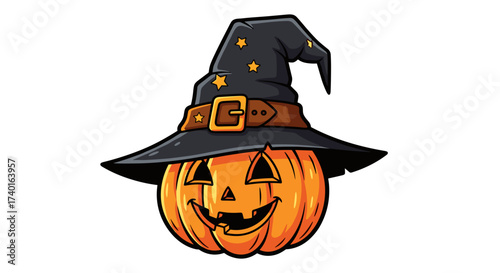 Smiling cartoon Halloween jack-o-lantern wearing a witch hat vector illustration isolated on transparent.
