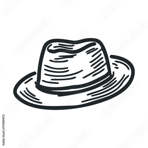 Black and white sketch of a fedora hat with textured lines