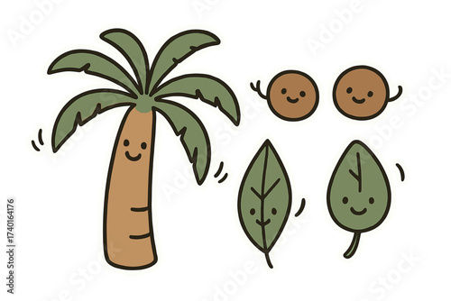 Charming Palm Tree Doodles. Charming doodle stickers: smiling palm tree, tiny coconuts and leaves waving, simplified doodle forms,