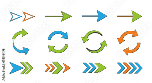 Colorful arrow and refresh icons collection isolated on transparent background svg vector illustration.