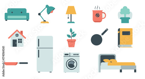 Modern pixel home interior items set. SVG vector illustration isolated on transparent background.