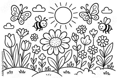 Garden Coloring Page. Garden scene coloring page: flowers blooming, butterflies flying, bees buzzing, sun shining above, black and