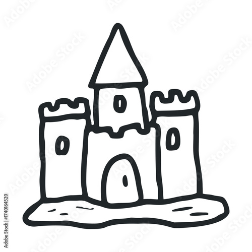 Simple black and white sandcastle drawing with tower and walls