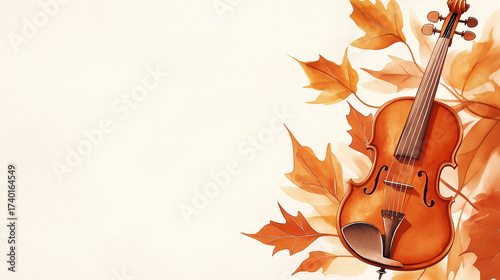 Violin surrounded by autumn leaves in warm orange tones  