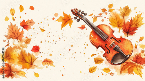 Violin surrounded by autumn leaves on a cream background  