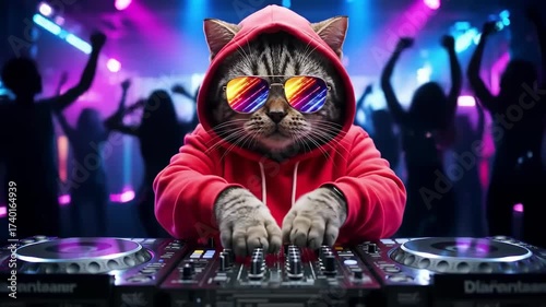 Cool cat DJ wearing sunglasses and a red hoodie, mixing music on turntables at a vibrant party with flashing lights