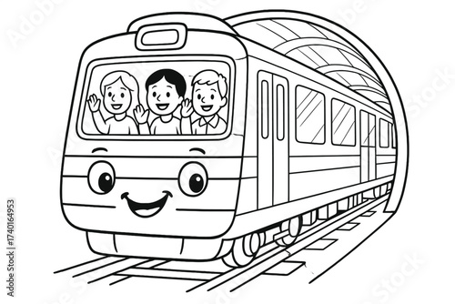 Smiling Subway Ride. Transport coloring page: subway train in tunnel, headlights smiling, people waving inside, black and white