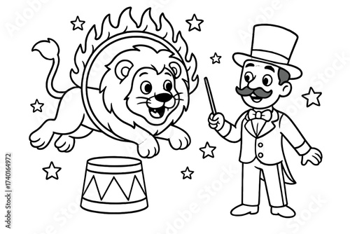 Lion's Fiery Leap. Circus coloring page: lion jumping through ring of fire, trainer holding hoop, stars around, black and white