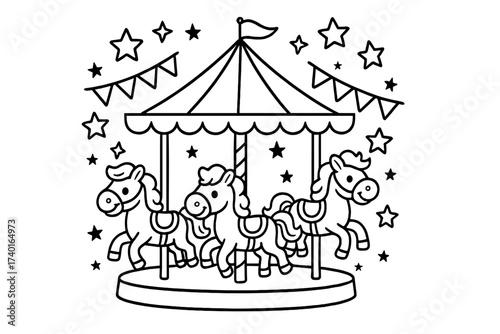 Carousel with Smiling Horses. Circus coloring page: carousel with smiling horses, circus flags above, stars around, black and