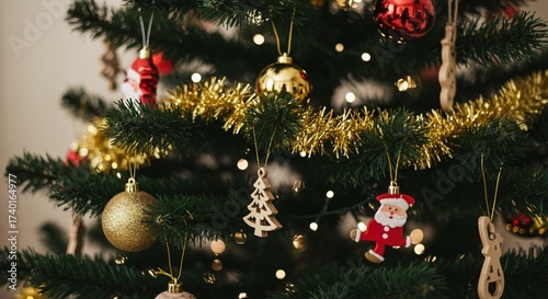 Close-up of the decorated Christmas tree