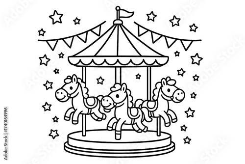 Carousel with Smiling Horses. Circus coloring page: carousel with smiling horses, circus flags above, stars around, black and