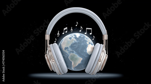 Earth globe with headphones and musical notes on black background  