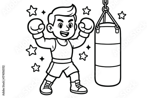 Boxer Cartoon Coloring. Sports coloring page: boxer with gloves raised, punching bag nearby, stars around, black and white vector