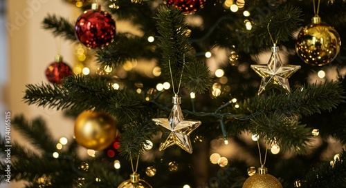 Close-up of the decorated Christmas tree
