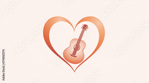 Heart shape with acoustic guitar illustration in soft peach colors  