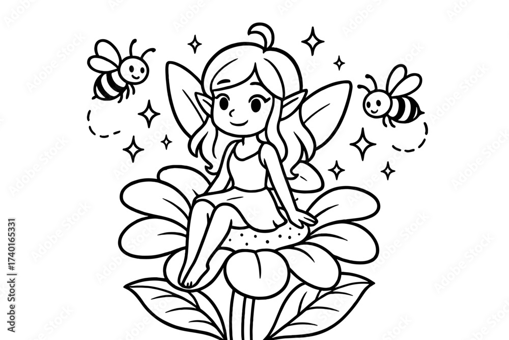Obraz premium Fairy on Flower. Fairy garden coloring page: fairy sitting on flower petal, bees buzzing nearby, sparkles around, black and white