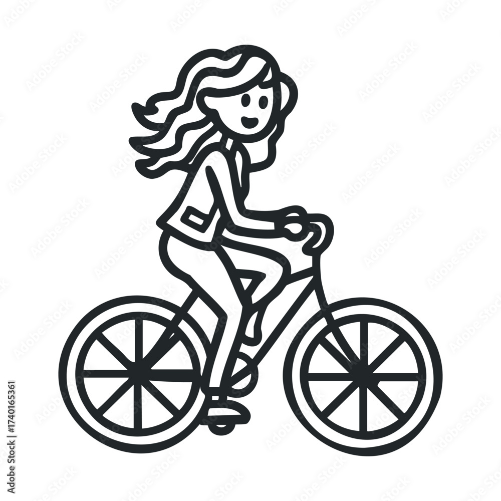 Obraz premium Cartoon illustration of young caucasian female riding a bicycle with flowing hair