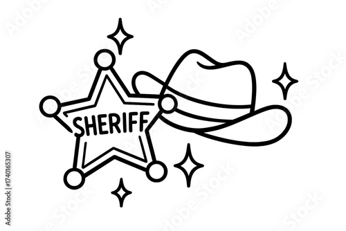 Sheriff's Badge and Hat. Desert & Wild West coloring page: sheriff star badge with sparkles, cowboy hat beside, black and white
